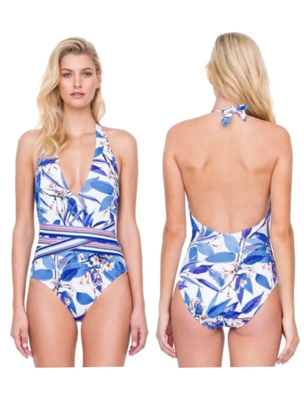 Gottex Sakura One-Piece Halter Neck Swimsuit in Blue Multi Size 14